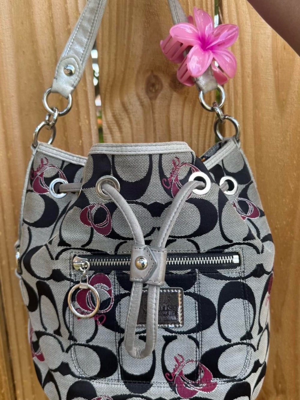 Coach Signature Drawstring Bucket Bag in Black, Gray & Purple
